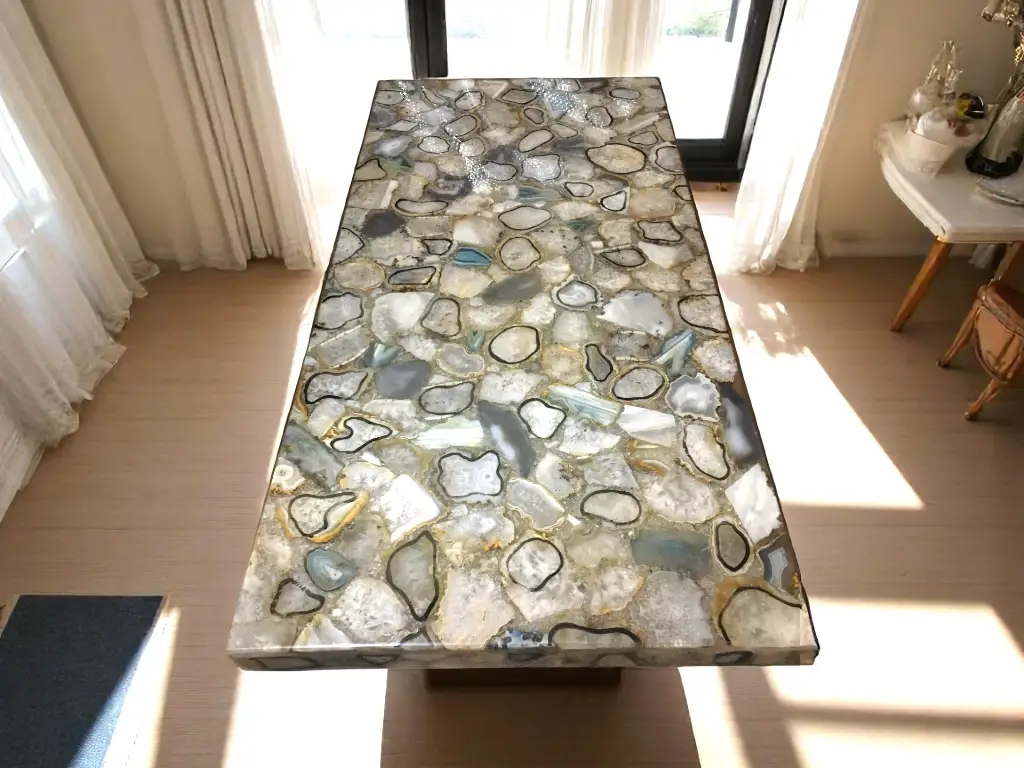 Rectangular Dining Table Top Featuring Agate Gemstone